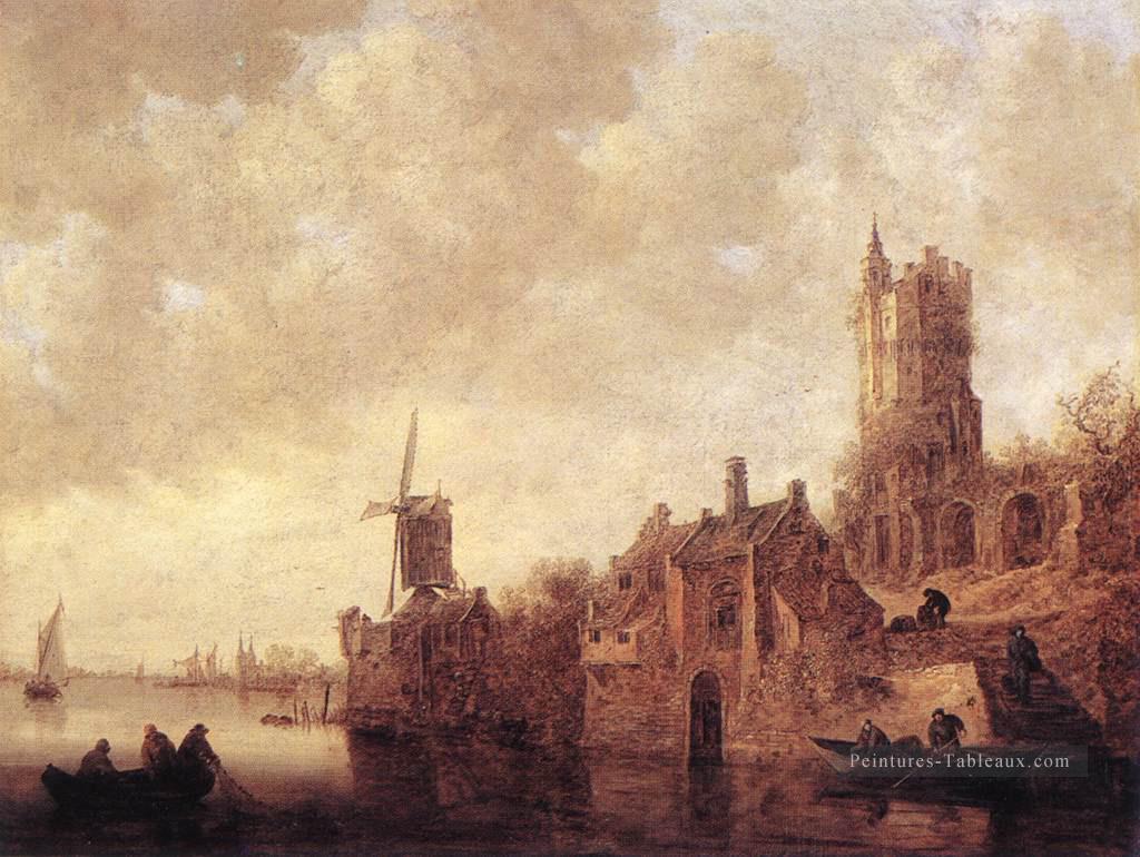 River Paysage avec un moulin à vent et un château en ruine Jan van Goyen Peintures à l'huile